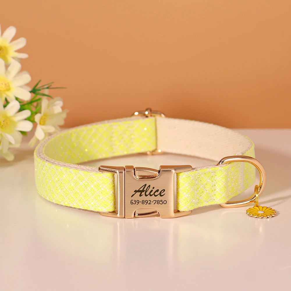 Custom Bling Nylon Dog Collar Free Engraved Puppy Dog ID Name Collars with Cute Flower Tag Accessory for Small Medium Dogs Cats
