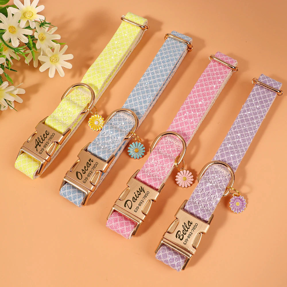 Custom Bling Nylon Dog Collar Free Engraved Puppy Dog ID Name Collars with Cute Flower Tag Accessory for Small Medium Dogs Cats