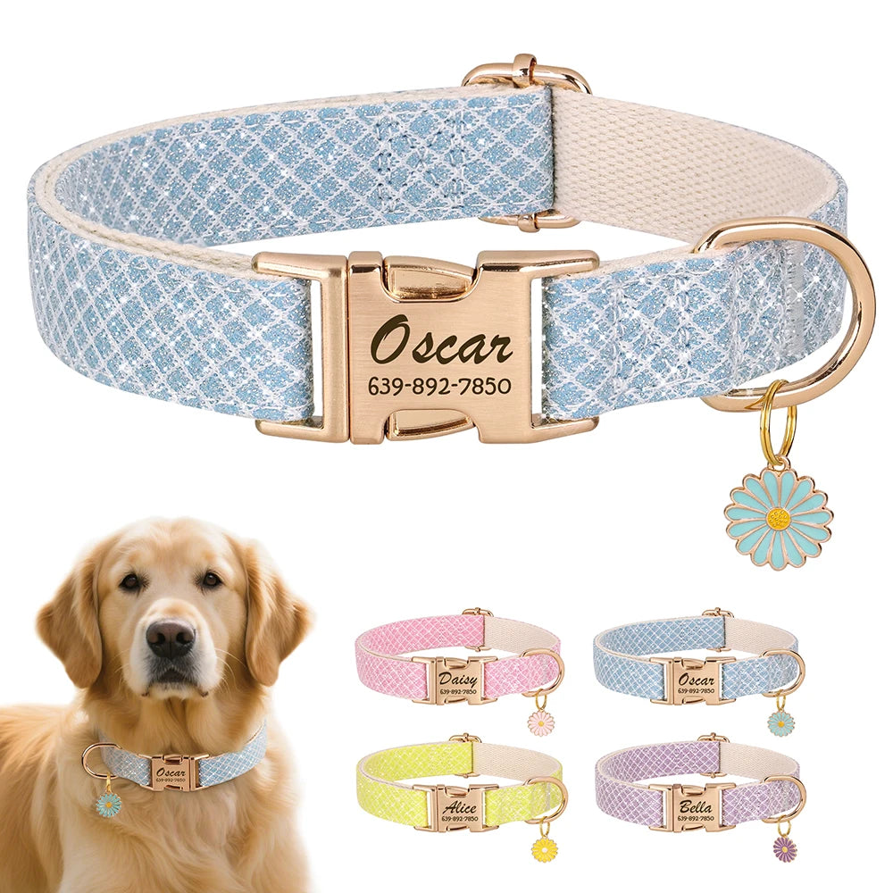 Custom Bling Nylon Dog Collar Free Engraved Puppy Dog ID Name Collars with Cute Flower Tag Accessory for Small Medium Dogs Cats