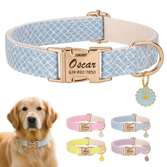 Custom Bling Nylon Dog Collar Free Engraved Puppy Dog ID Name Collars with Cute Flower Tag Accessory for Small Medium Dogs Cats