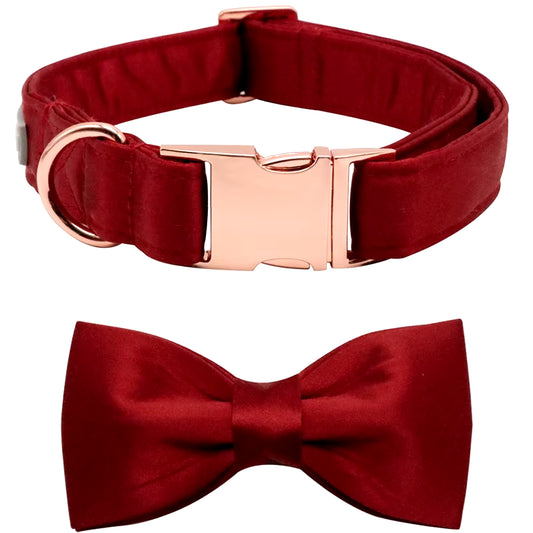 Dark Red Silk Dog Collar with Bowtie Puppy Collar Adjustable Dog Collar Pet Gift for Small Medium Large Dog
