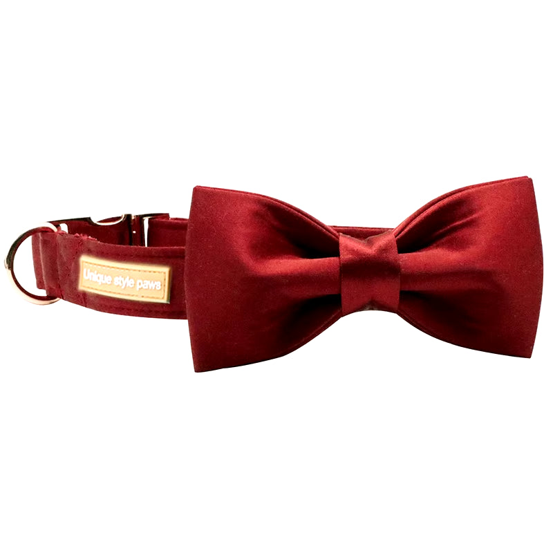 Dark Red Silk Dog Collar with Bowtie Puppy Collar Adjustable Dog Collar Pet Gift for Small Medium Large Dog