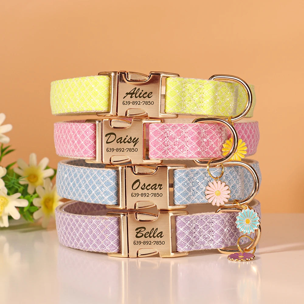Custom Bling Nylon Dog Collar Free Engraved Puppy Dog ID Name Collars with Cute Flower Tag Accessory for Small Medium Dogs Cats