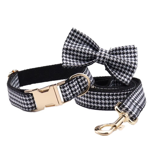 Dog Collar and Leash Set Black White Plaid Free Custom Metal Buckle Dog Collars Quick Lease for Small Medium Large Dog Supplies
