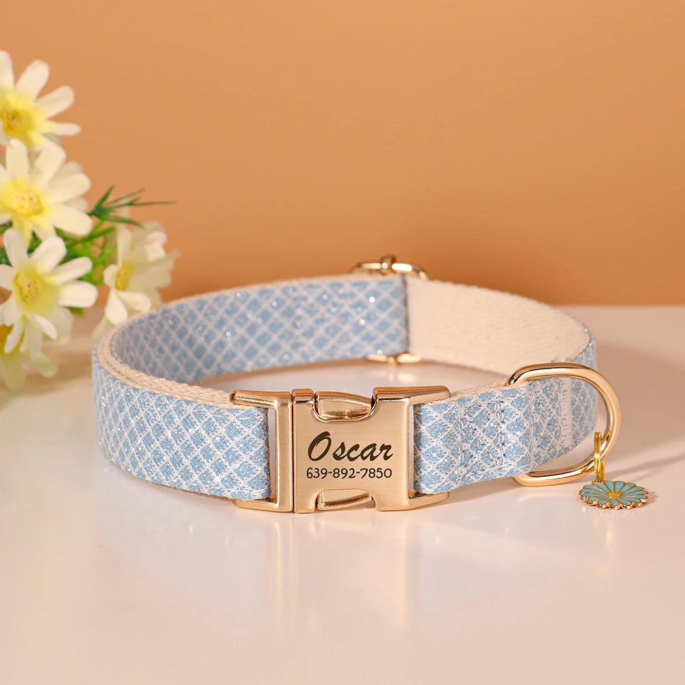 Custom Bling Nylon Dog Collar Free Engraved Puppy Dog ID Name Collars with Cute Flower Tag Accessory for Small Medium Dogs Cats