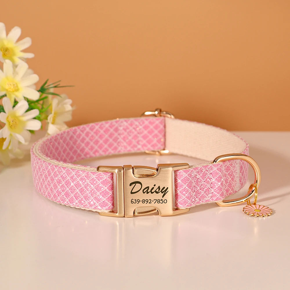 Custom Bling Nylon Dog Collar Free Engraved Puppy Dog ID Name Collars with Cute Flower Tag Accessory for Small Medium Dogs Cats