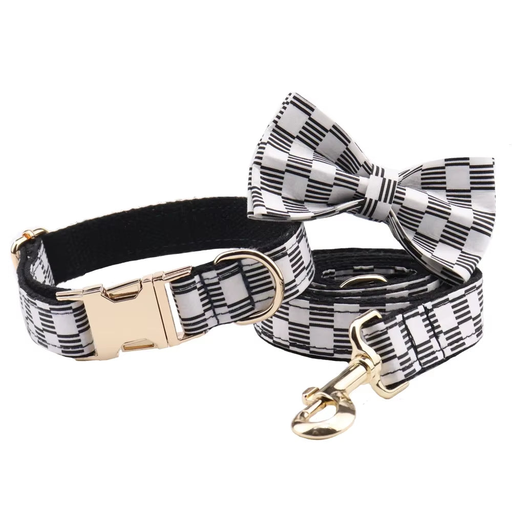 Dog Collar and Leash Set Black White Plaid Free Custom Metal Buckle Dog Collars Quick Lease for Small Medium Large Dog Supplies