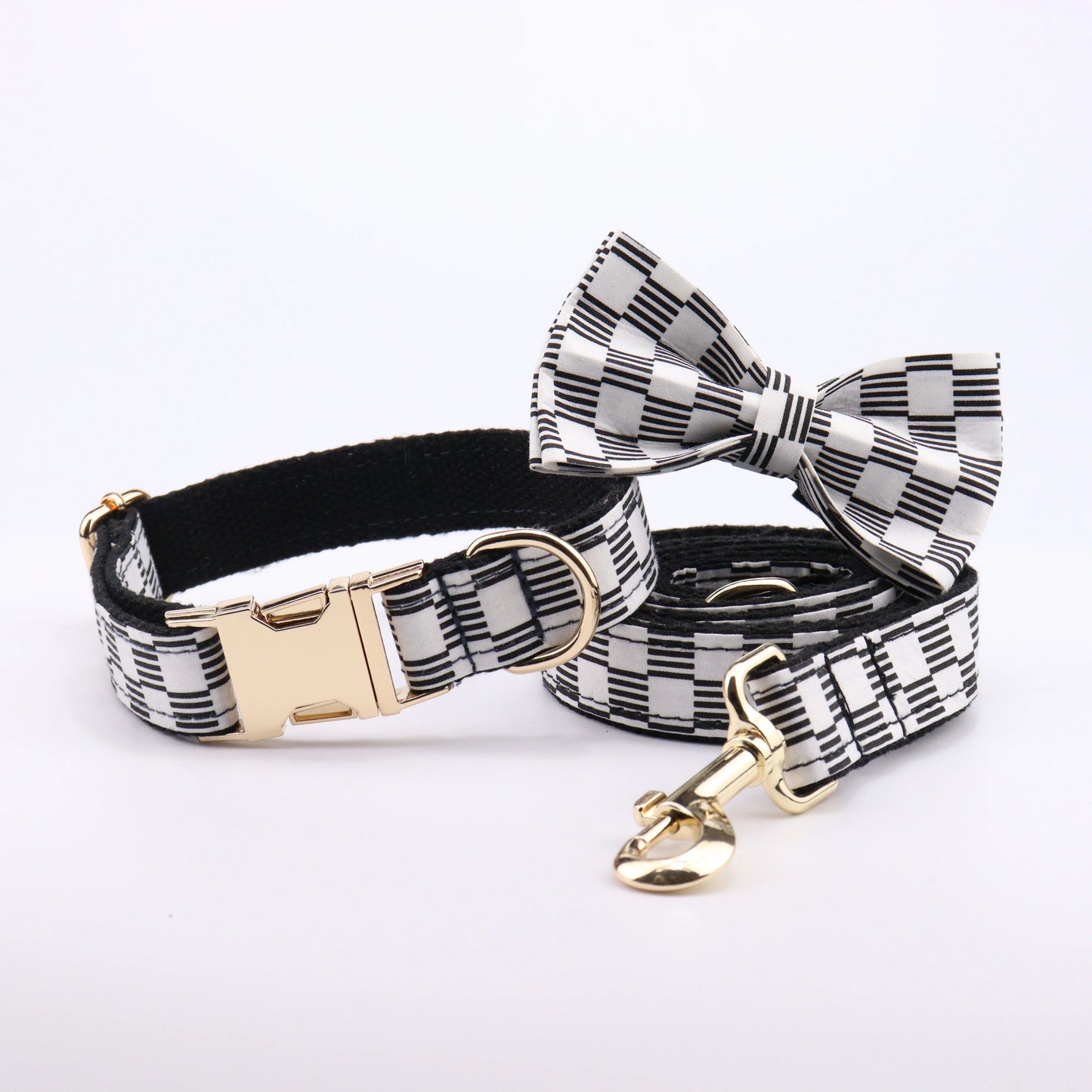 Dog Collar and Leash Set Black White Plaid Free Custom Metal Buckle Dog Collars Quick Lease for Small Medium Large Dog Supplies