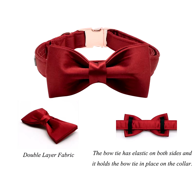 Dark Red Silk Dog Collar with Bowtie Puppy Collar Adjustable Dog Collar Pet Gift for Small Medium Large Dog
