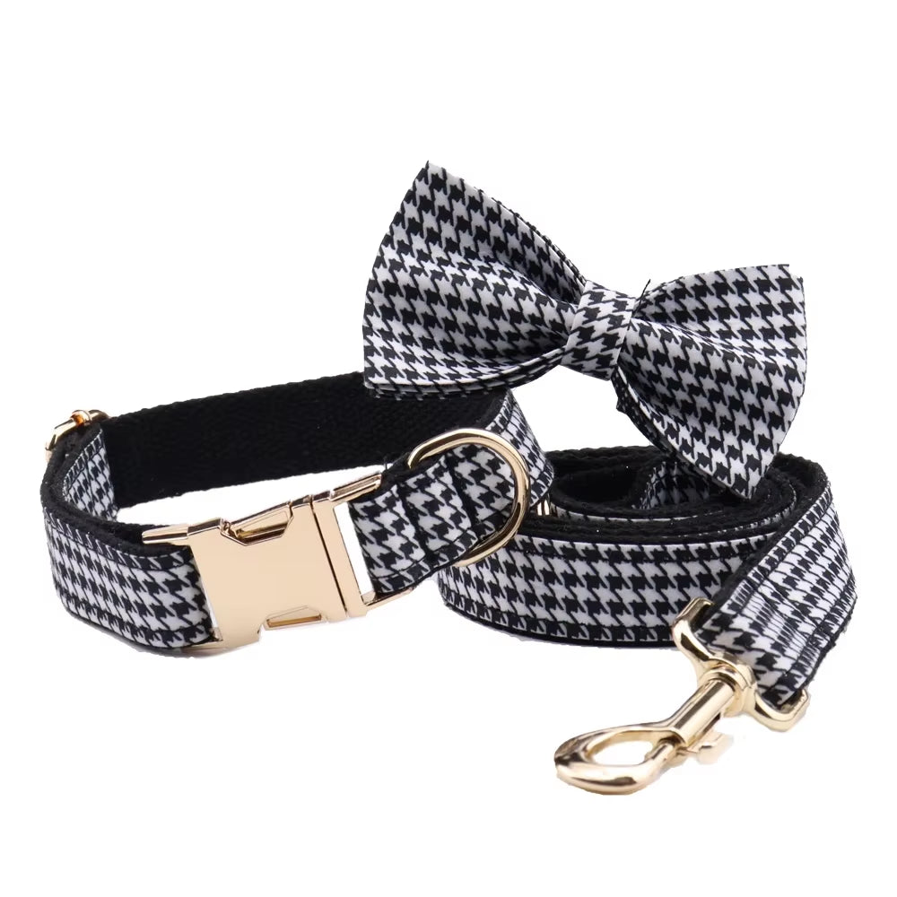 Dog Collar and Leash Set Black White Plaid Free Custom Metal Buckle Dog Collars Quick Lease for Small Medium Large Dog Supplies